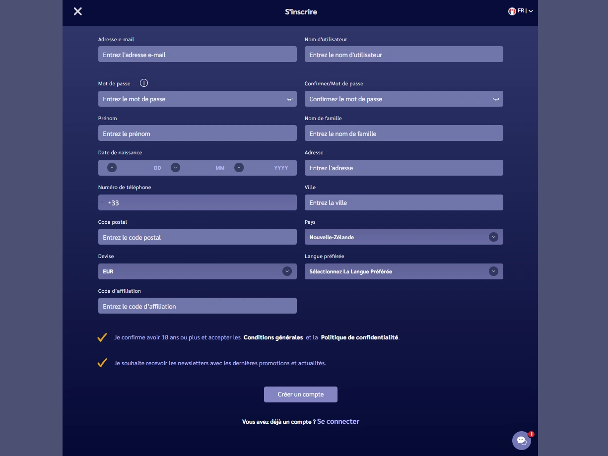 Formulaire d'inscription complet avec champs personnels, adresse, téléphone et cases de consentement.